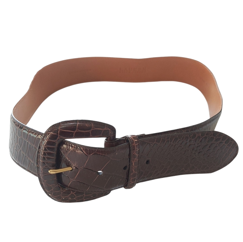 Lauren Ralph Lauren Women Italian Leather Belt Medium Brown Wide Buckle Slimming